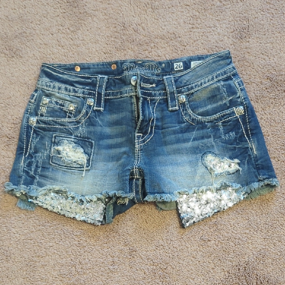 Miss Me Blue Y2K Distressed Jean Shorts with Silver Sequins